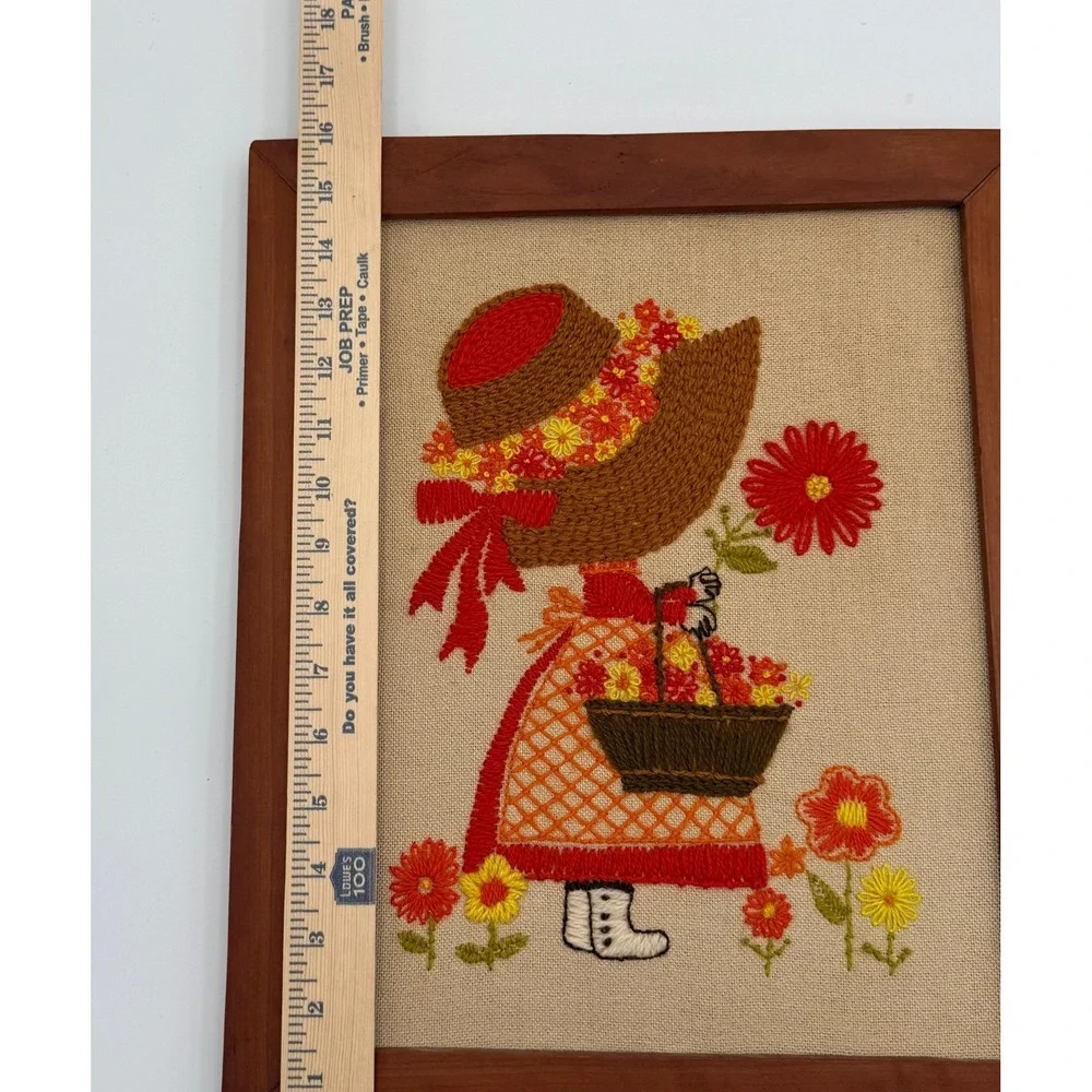 Vintage Crewel Embroidery Wall Art Framed Girl with Flower Basket Marilyn Reed